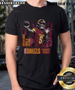 Official Washington Commanders Jayden Daniels Black 2024 NFL Offensive Rookie of the Year T-Shirt showcasing team pride.