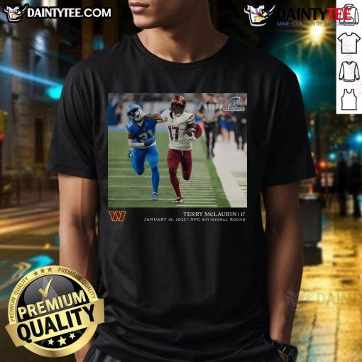 Alt Text: Official Washington Commanders Terry McLaurin black NFL Flash Features Divisional Round T-shirt for fans.