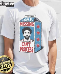Official Joel Embiid Philadelphia 76ers expired milk T-shirt design featuring a humorous can't process graphic.