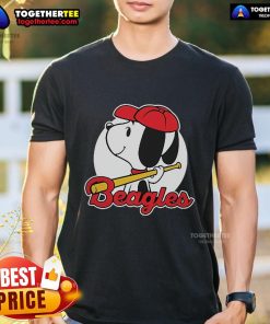 Premium Snoopy Comic Beagle Baseball T-Shirt featuring Snoopy in a baseball outfit, perfect for fans of Peanuts and baseball.