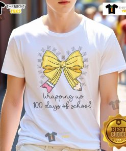 Pretty Coquette Bow Teacher 100th Day Of School T-Shirt featuring a stylish design for educators celebrating a milestone.