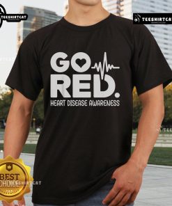 Pretty Go Red For Heart Disease Awareness T-Shirt featuring a vibrant heartbeat design, promoting heart health awareness.
