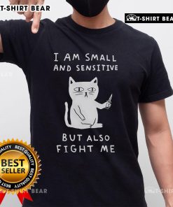 Pretty I Am Small And Sensitive But Also Fight Me Cat T-Shirt featuring a cute cat graphic and playful text design.