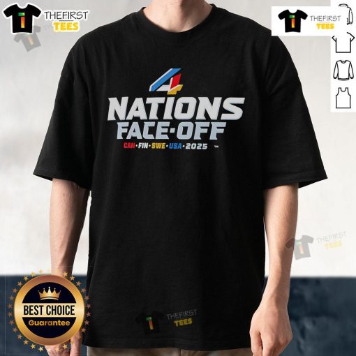 Top 4 Nations Face-Off Can Fin Swe USA 2025 T-Shirt showcasing national flags and sports theme for ultimate fans.