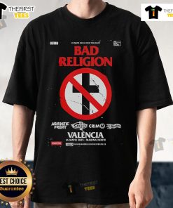 Top Bad Religion 45 Years Tour 2025 Valencia Spain Marina Norte T-Shirt featuring band logo and tour details.