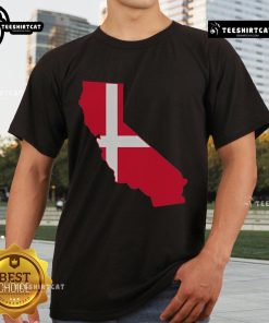 Top California Denmark Flag Map T-Shirt featuring a unique design of California and Denmark flags on a stylish tee.