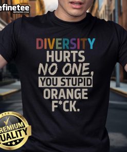 Top Diversity Hurts No One You Stupid Orange T-Shirt displayed on a hanger, promoting inclusivity and awareness.