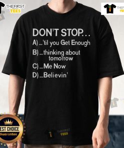 Alt Text: Top Don't Stop 80s Songs multiple choice T-shirt featuring vibrant graphics celebrating iconic 80s music hits.