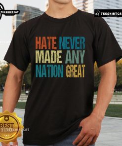 Top Hate Never Made Any Nation Great Anti Trump 2025 T-Shirt featuring bold text and a modern design for political activism.