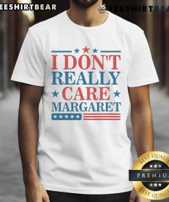 Minimalist US flag T-shirt with 'I Don't Really Care' text by Margaret, perfect for casual wear and patriotic fashion.