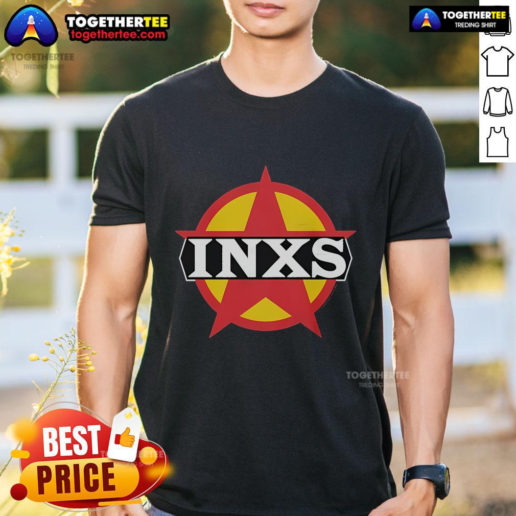 Top Inxs Circle Logo T Shirt Alt Text: Top INXS Circle Logo T-Shirt featuring a bold INXS logo design on a stylish black tee for fans.
