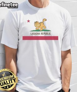Top Lasagna Republic By K Thor Jensen T-Shirt featuring a vibrant design and bold text, perfect for lasagna lovers.