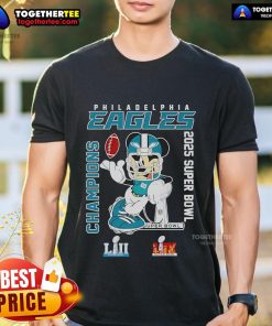 Alt Text: Top Mickey Philadelphia Eagles 2025 LII LIX Super Bowl Champions T-Shirt featuring vibrant team graphics and logo.