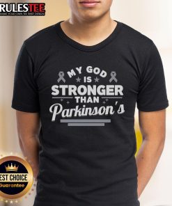 Top My God Is Stronger Than Parkinson's Disease faith ribbon t-shirt showcasing a vibrant design promoting hope and strength.