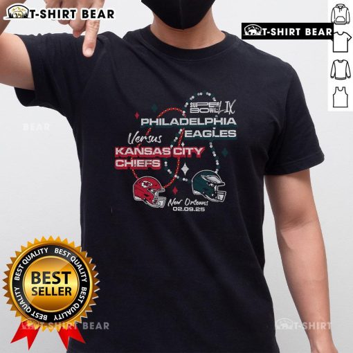 Alt Text: Top Philadelphia Eagles Black 2024 Super Bowl Participant Matchup Beads T-Shirt showcasing team pride and style.