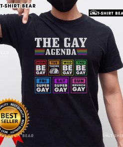 Alt Text: Top Pride Month LGBTQ T-shirt featuring 'The Gay Agenda' slogan in vibrant colors for celebration and support.