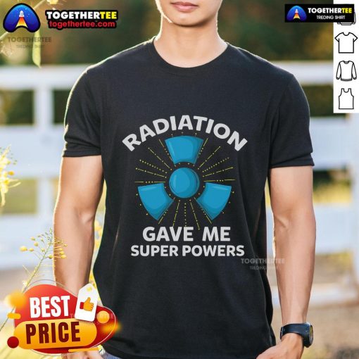 Top Radiation Gave Me Superpowers T-Shirt featuring a vibrant graphic and playful text, perfect for superhero fans.