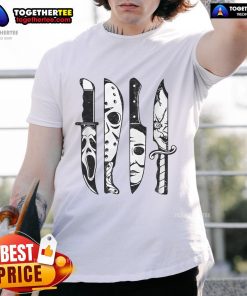 Top Scary Horror Movies Halloween Costume T-Shirt featuring iconic horror film graphics and a spooky design for Halloween.
