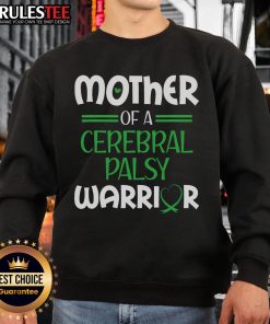 Alt Text: CP Mom wearing an Awesome Cerebral Palsy Warrior sweatshirt with a green ribbon for awareness.