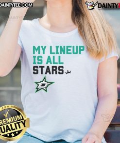 Awesome Dallas Stars My Lineup Ladies Tee featuring vibrant team colors and stylish design for female fans.