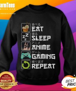 Kawaii Otaku anime sweatshirt featuring 'Eat Sleep Anime Gaming Repeat' design in vibrant colors.
