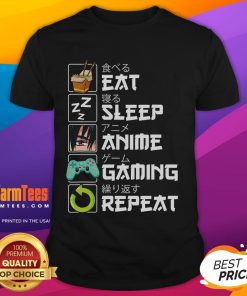 Alt Text: Awesome Eat Sleep Anime Gaming Repeat Kawaii Otaku Anime Manga T-Shirt featuring vibrant graphics and playful design.
