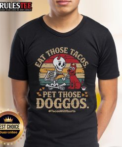 Alt Text: Vintage retro sunset t-shirt featuring the phrase Awesome Eat Those Tacos Pet Those Doggos with colorful graphics.