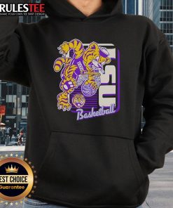Alt Text: Awesome LSU Tigers basketball mascot performing a slam dunk while wearing a stylish hoodie.
