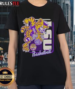 Awesome LSU Tigers basketball mascot performing a dunk on a ladies tee, showcasing team spirit and athleticism.