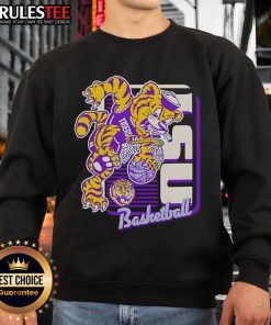 LSU Tigers basketball mascot performing a dunk in a vibrant sweatshirt, showcasing team spirit and excitement.
