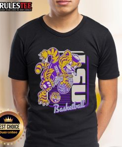 Awesome LSU Tigers basketball mascot performing a slam dunk on a vibrant T-shirt design, perfect for fans and sports enthusiasts.