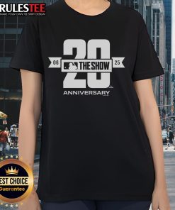 Alt Text: Awesome MLB The Show 20th Anniversary Ladies Tee featuring vibrant graphics and comfortable fit for baseball fans.