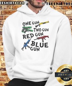 Awesome One Gun Two Gun Hoodie featuring vibrant red and blue gun graphics on a stylish hoodie design.