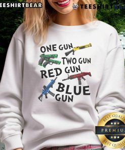 Alt Text: Awesome One Gun Two Gun sweatshirt featuring bold red and blue designs, perfect for casual wear and gun enthusiasts.