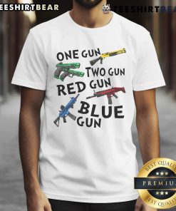 Awesome One Gun Two Gun T-Shirt featuring vibrant red and blue gun graphics, perfect for gun enthusiasts and casual wear.