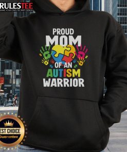 Alt Text: Proud mom wearing an Autism Warrior hoodie, showcasing love for her autistic son or daughter with a vibrant ribbon design.