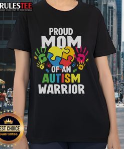 Awesome proud mom wearing a tee with autism warrior ribbon, celebrating her autistic son or daughter.