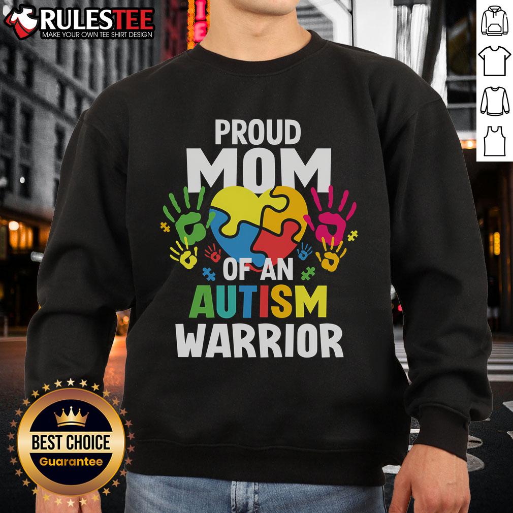 Awesome Proud Mom Of An Autism Warrior Autistic Son Daughter Ribbon Sweatshirt Awesome proud mom wearing sweatshirt for autism warrior son or daughter, featuring a colorful autism ribbon design.