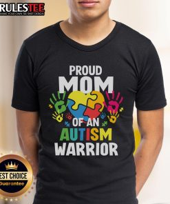 Alt Text: Awesome Proud Mom of an Autism Warrior T-Shirt featuring a colorful ribbon, celebrating autistic son or daughter.