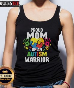 Alt Text: Proud mom wearing a tank top with 'Awesome Proud Mom of an Autism Warrior' design, celebrating her autistic son or daughter.