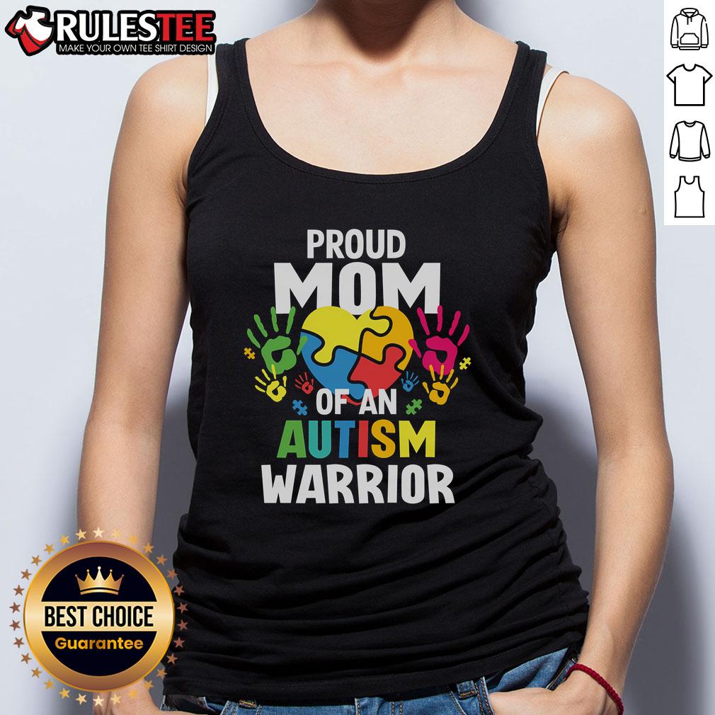 Awesome Proud Mom Of An Autism Warrior Autistic Son Daughter Ribbon Tank Top Alt Text: Proud mom wearing a tank top with 'Awesome Proud Mom of an Autism Warrior' design, celebrating her autistic son or daughter.