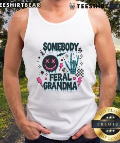 Alt Text: Feral grandma skeleton wearing a cool tank top, showcasing a unique and edgy fashion style for the Awesome Somebody collection.