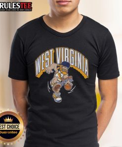 Alt Text: Awesome West Virginia Mountaineers Dunking T-Shirt featuring dynamic basketball graphics and team colors.
