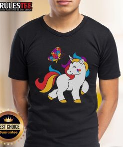 Alt Text: Cute Autism Awareness T-Shirt featuring a unicorn and butterfly design with colorful autism puzzle pieces.