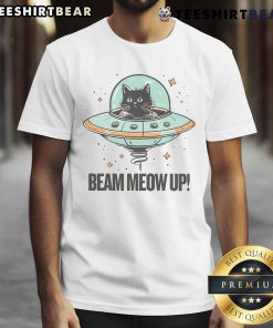 Cute vintage alien cat t-shirt featuring a beam me up UFO design with a playful extraterrestrial cat illustration.