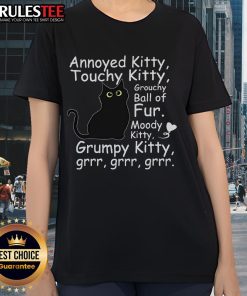 Annoyed black cat with a grouchy expression, perfect for cute kitty lovers on a stylish ladies tee.