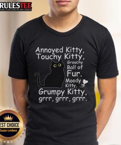 Adorable black cat with a grouchy expression on a cute kitty T-shirt, perfect for cat lovers and fans of touchy felines.