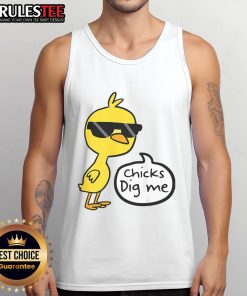 Cute Easter chicks on a yellow tank top with Dig Me text, perfect for celebrating Easter in style.