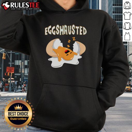 Adorable sleeping fried egg in a hoodie, perfect for Easter egg hunts. Cute Eggshausted design for fun egg lovers.