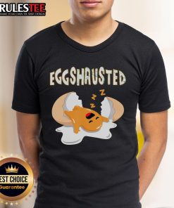 Alt Text: Cute 'Eggshausted' T-shirt featuring a sleeping fried egg, perfect for Easter egg hunts and fun egg-themed outfits.
